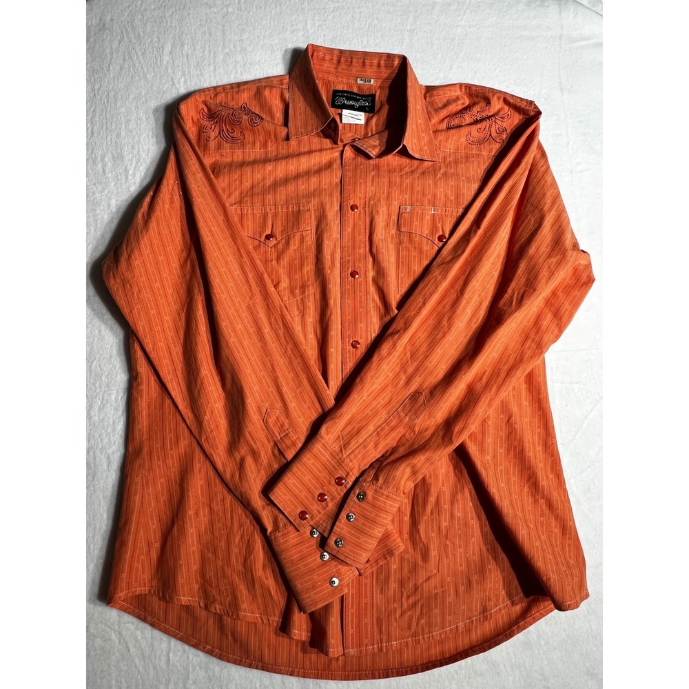 Wrangler Authentic Western Shirt Mens Large Orange Embroidered Snap 75951OR